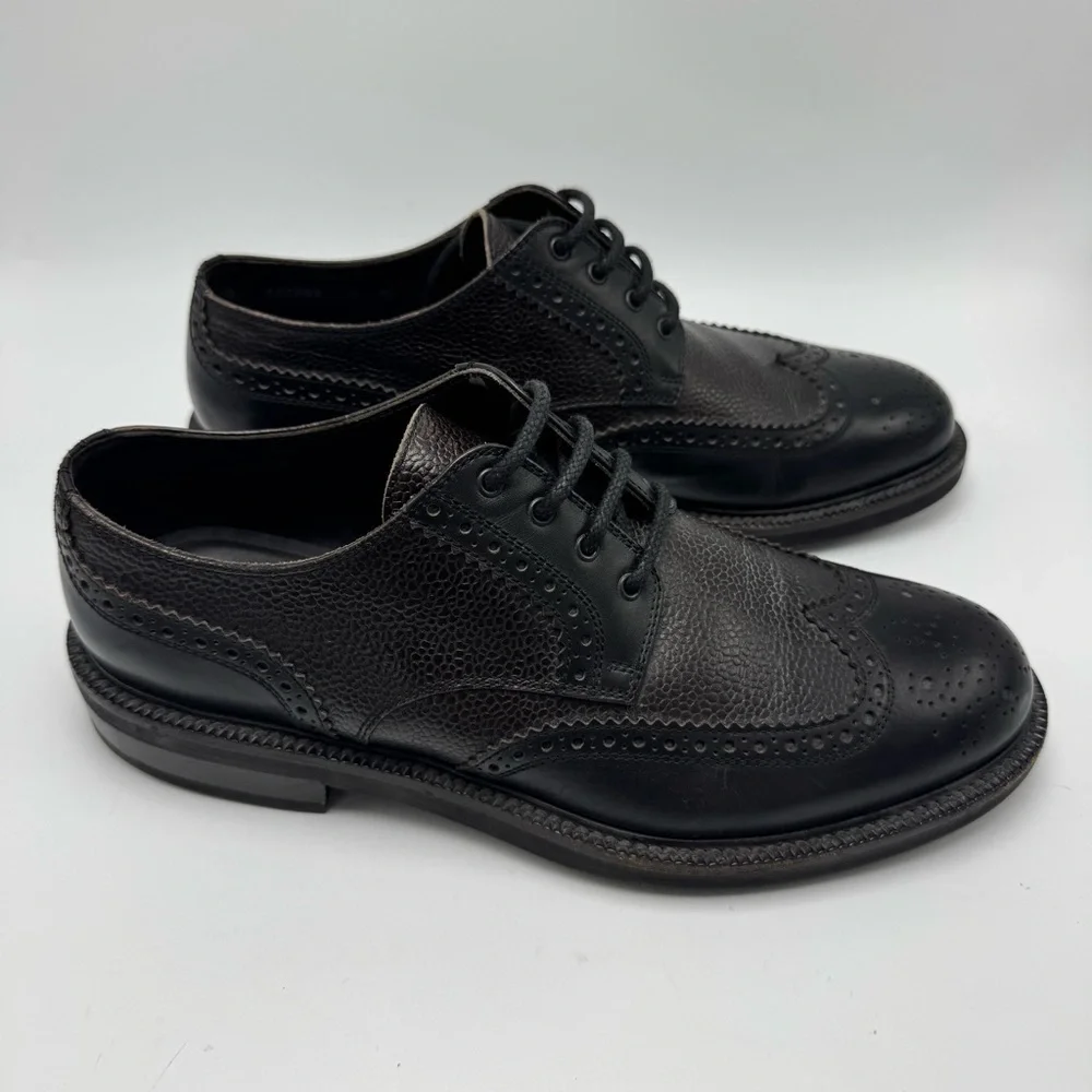 Ermenegildo Zegna Black Pebbled Leather Wingtip Derby Shoe US 9 EU 42 Dark Brown